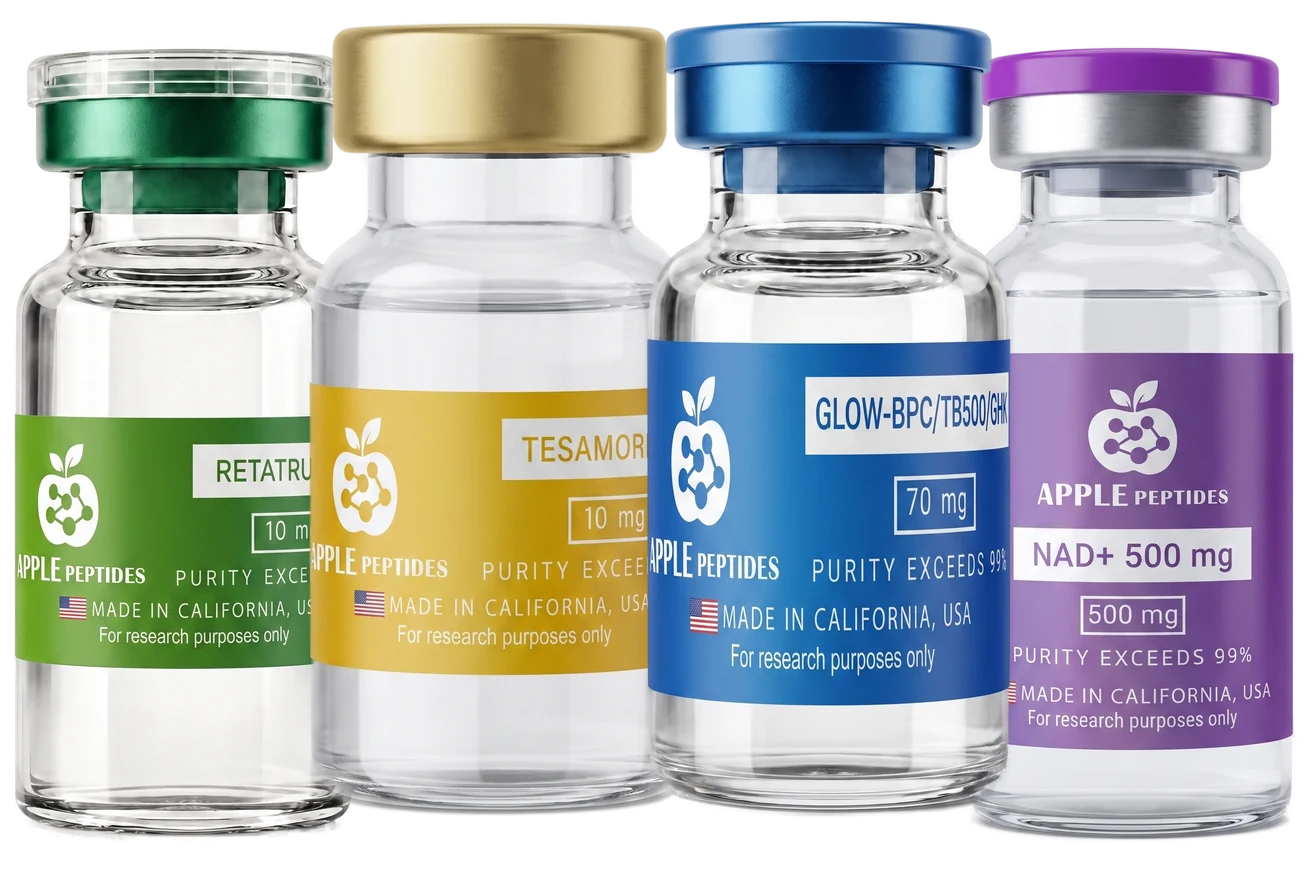 Apple Peptides vials — Retatrutide, Tesamorelin, Glow & NAD+
